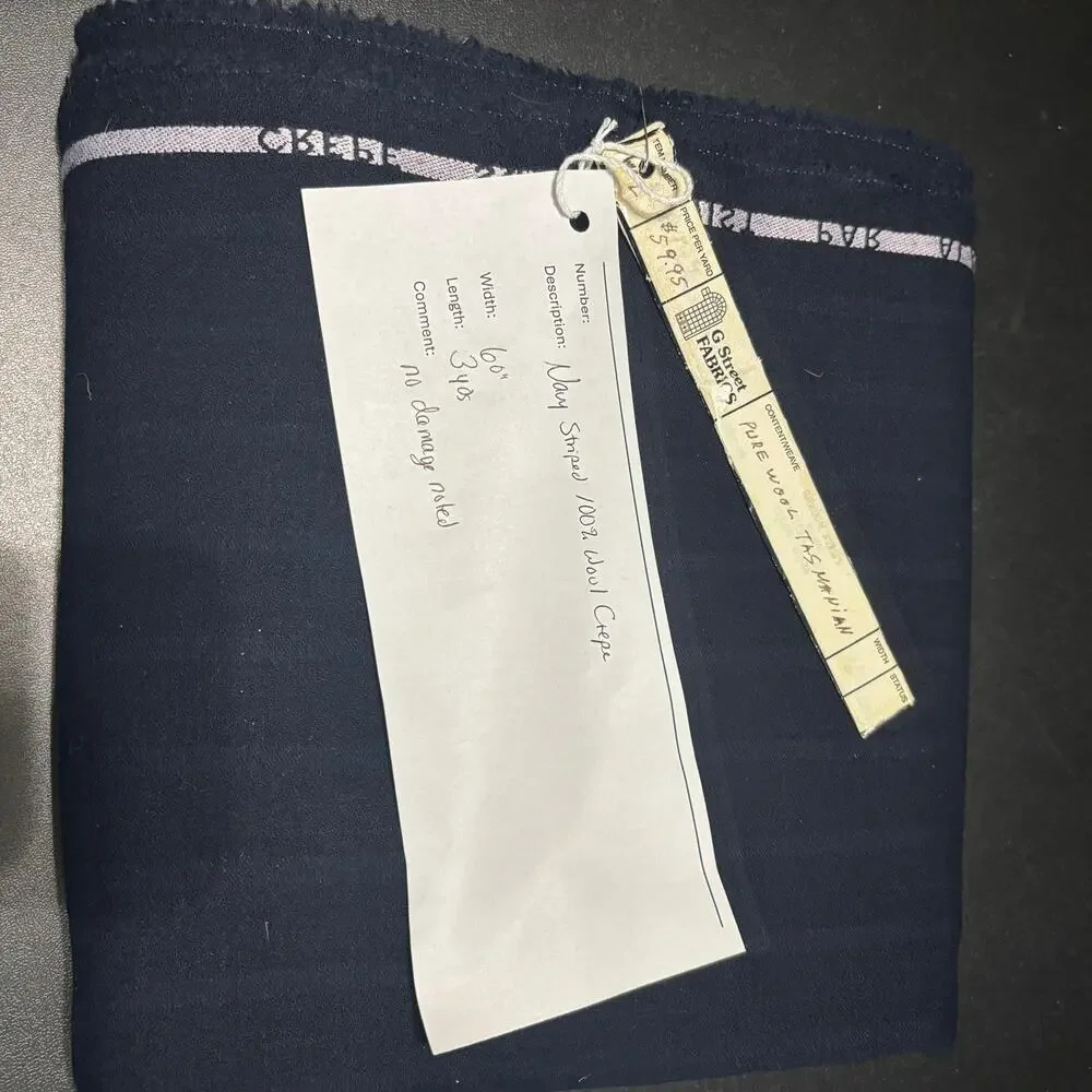 Vintage Navy Blue Pinstripe 100% Wool Crepe Fabric 3 Yards England Suiting